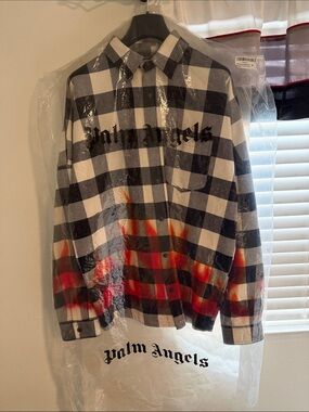 Palm Angels Black & White Checkered Flannel with Red-Orange Flame Hem